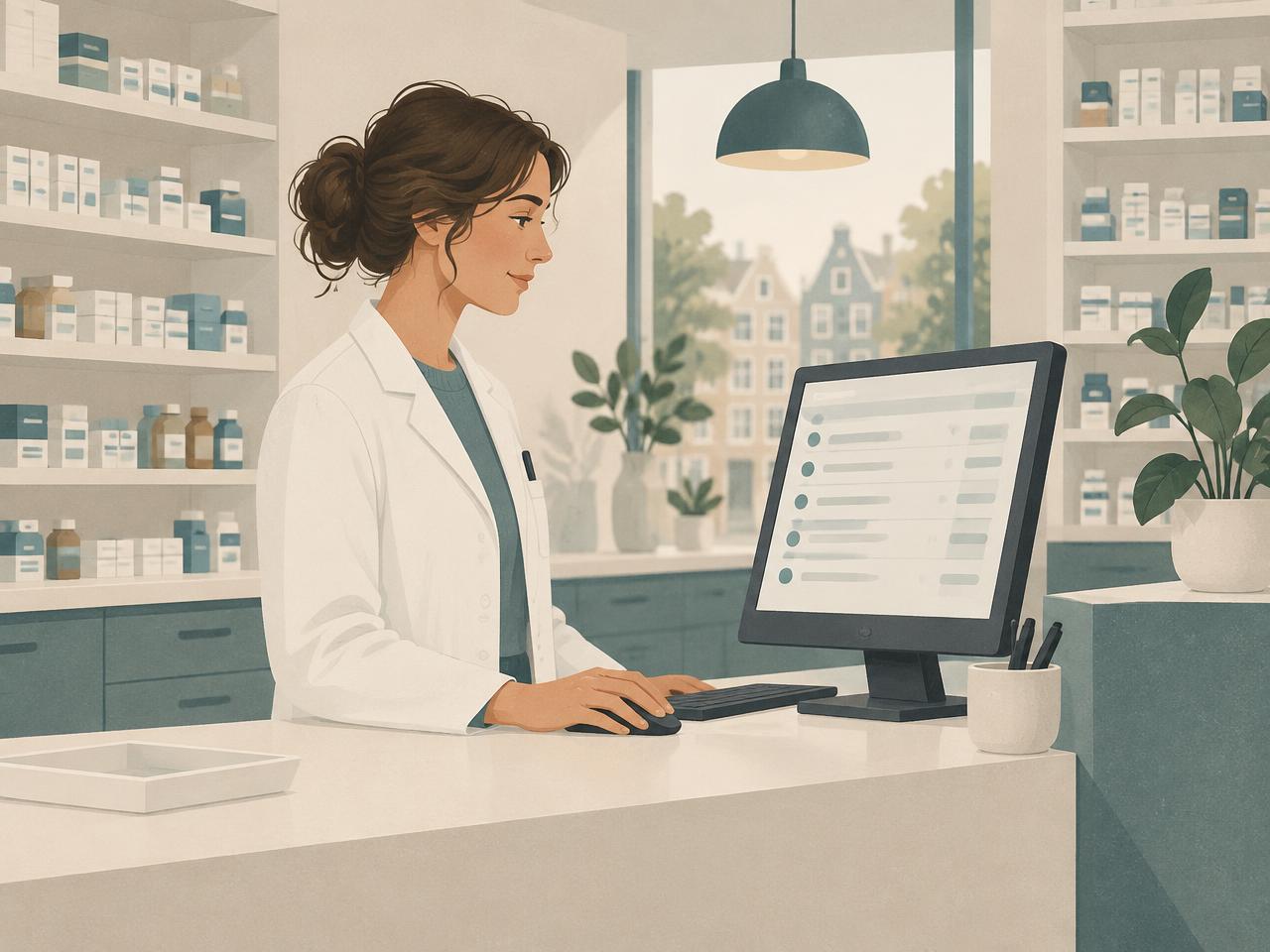 Illustratie van een apotheekmedewerker die in een moderne apotheek naar een rustig overzicht kijkt.