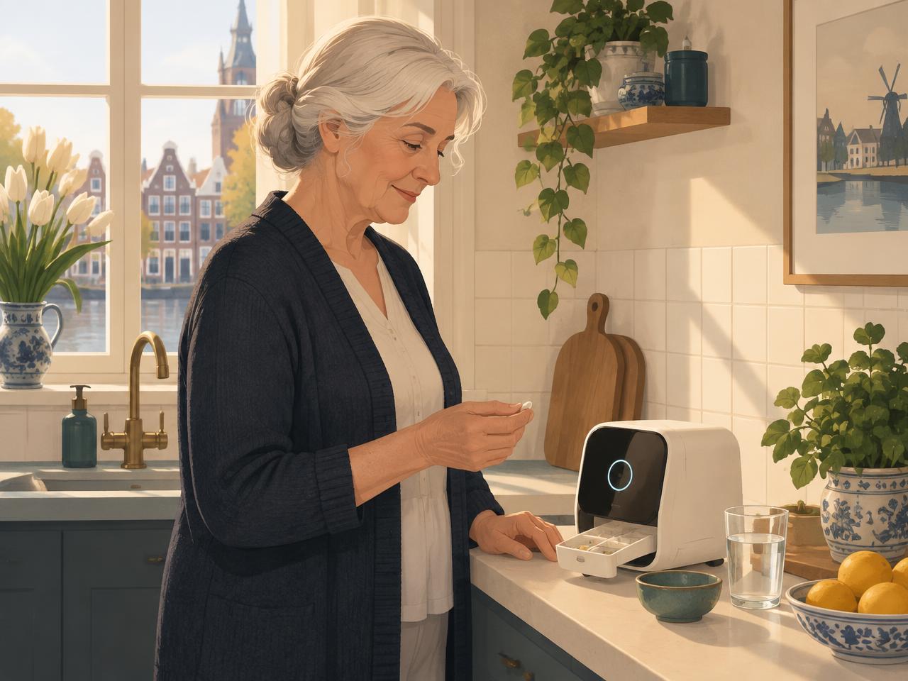 Illustratie van een oudere vrouw in een rustige keuken naast De Zorg Assistent.
