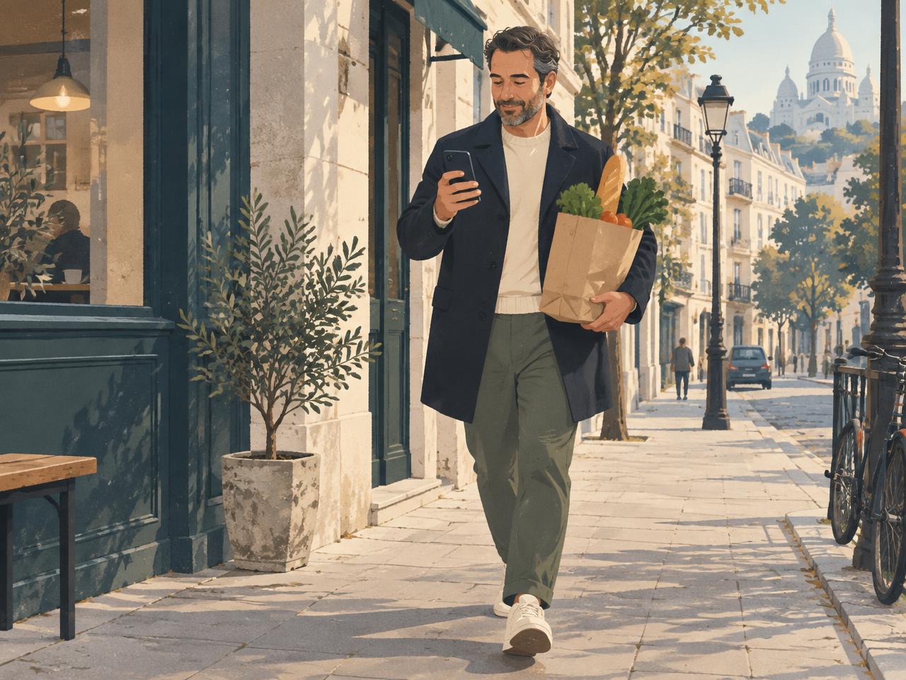 Illustratie van een man met boodschappen die onderweg even op zijn telefoon kijkt.